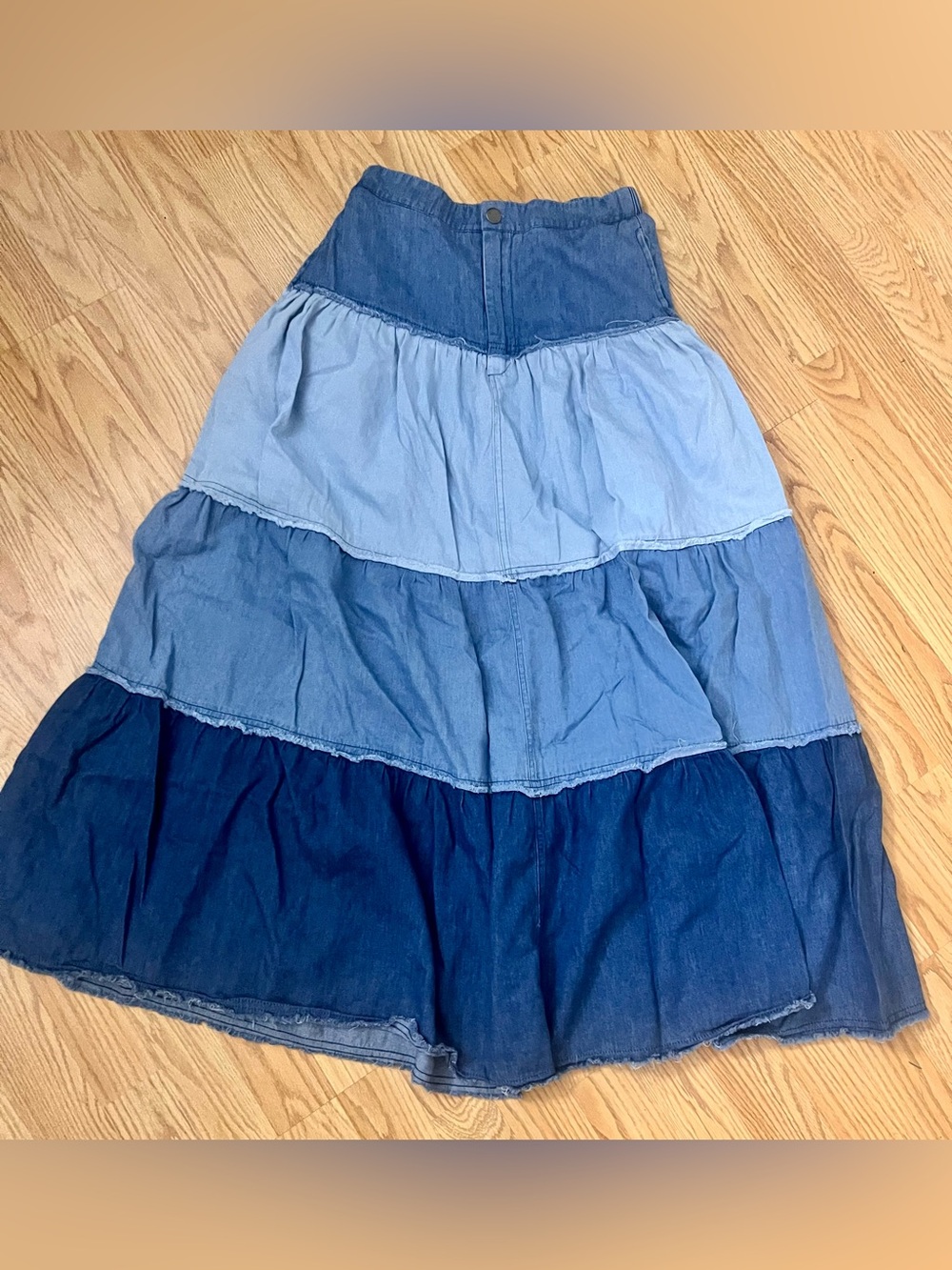 easel Tiered Denim Maxi Skirt in Light and Dark Blue
